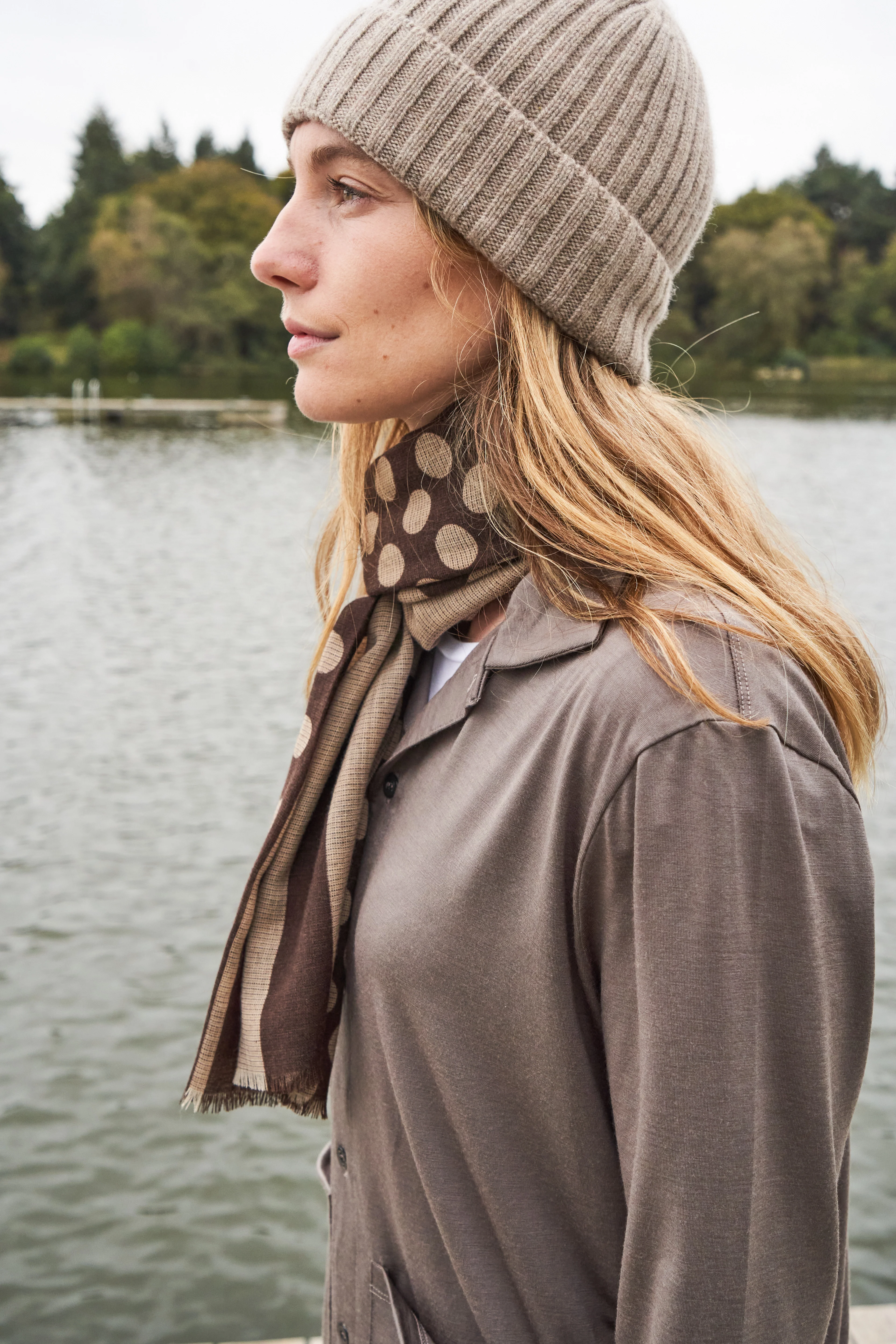 Recycled Double Faced Wool Oat Chocolate Spot Classic Scarf - Image 6