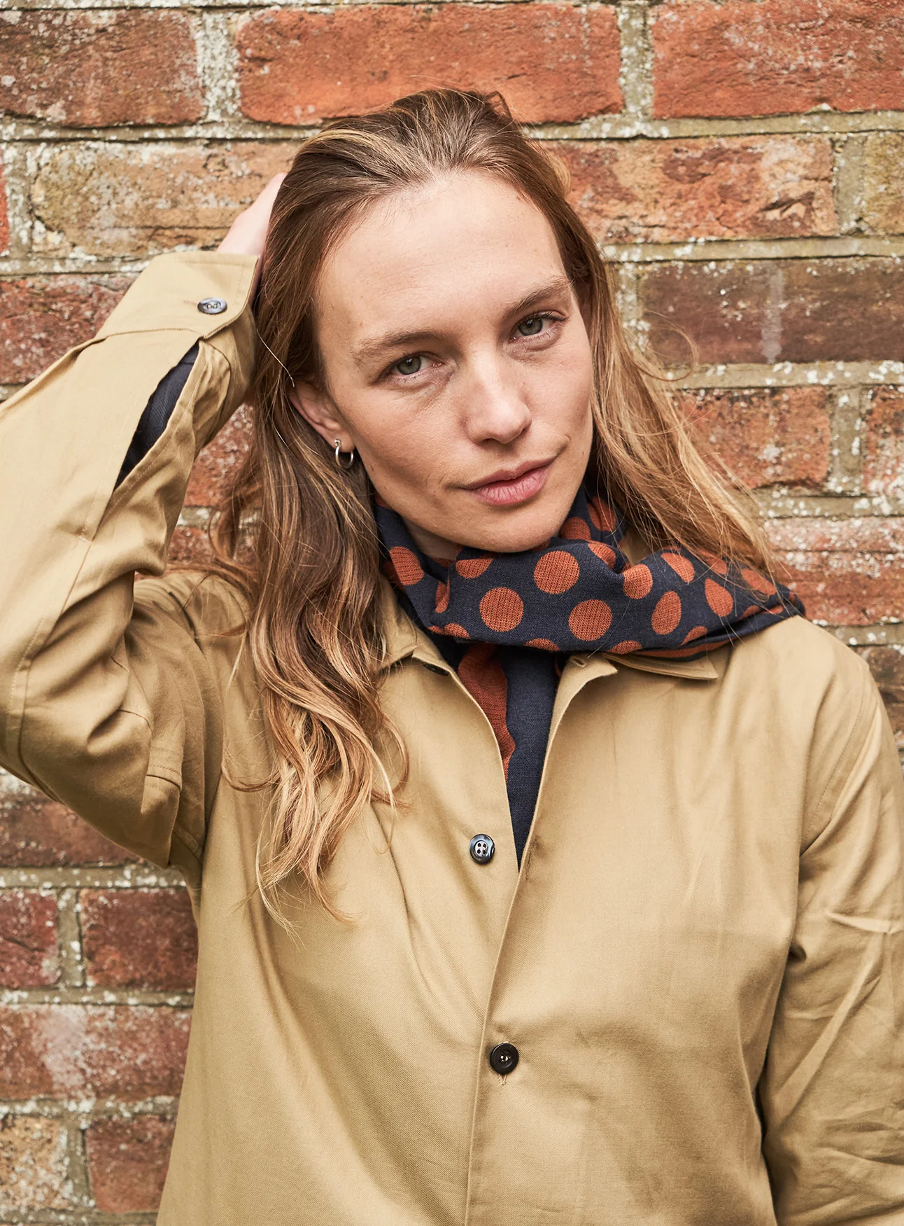 Recycled Double Faced Wool Orange Navy Spot Classic Scarf - Image 5